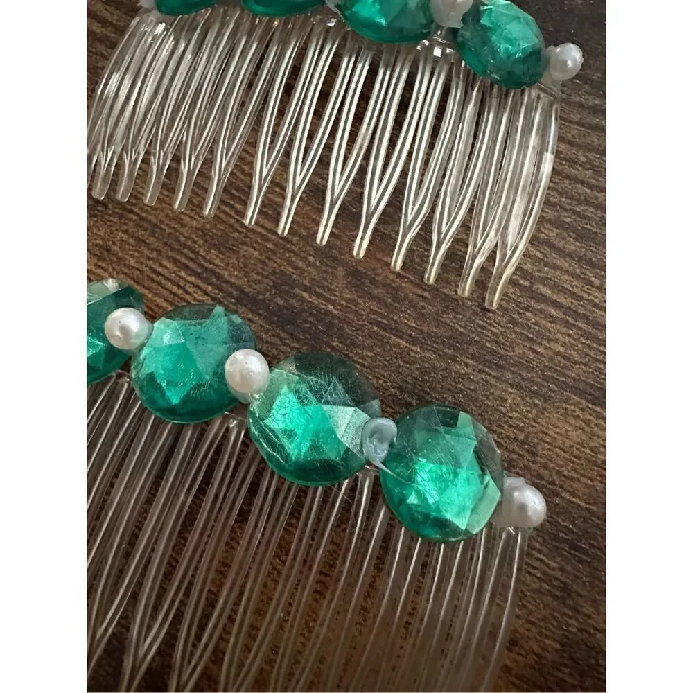 Vintage 1980s Rhinestone and Faux Pearl Clear and Green Side Hair Combs Retro